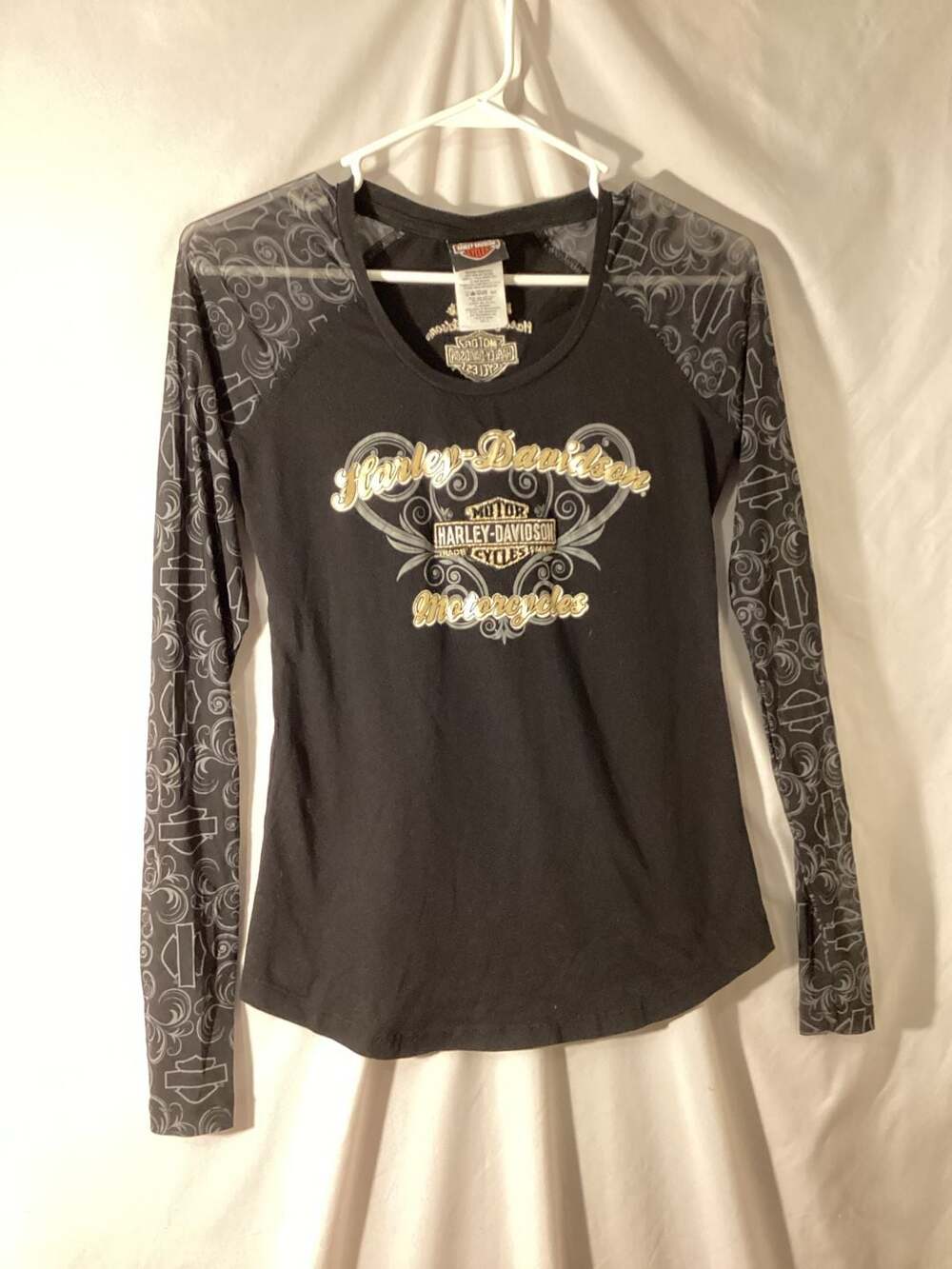 Harley-Davidson Long Sleeve Shirt Size S Black Mesh Sleeves Vreeland's